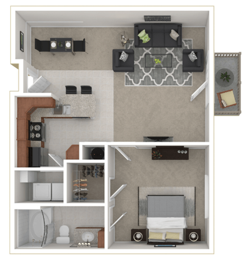 a stylized floor plan with a bedroom and living room